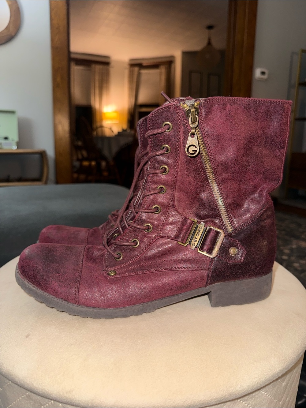 G by Guess Women's Burgundy Lace-Up Side Zip Combat Boots